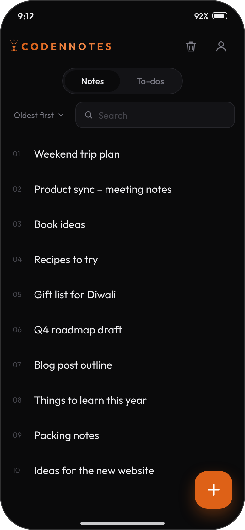 CodenNotes notes list