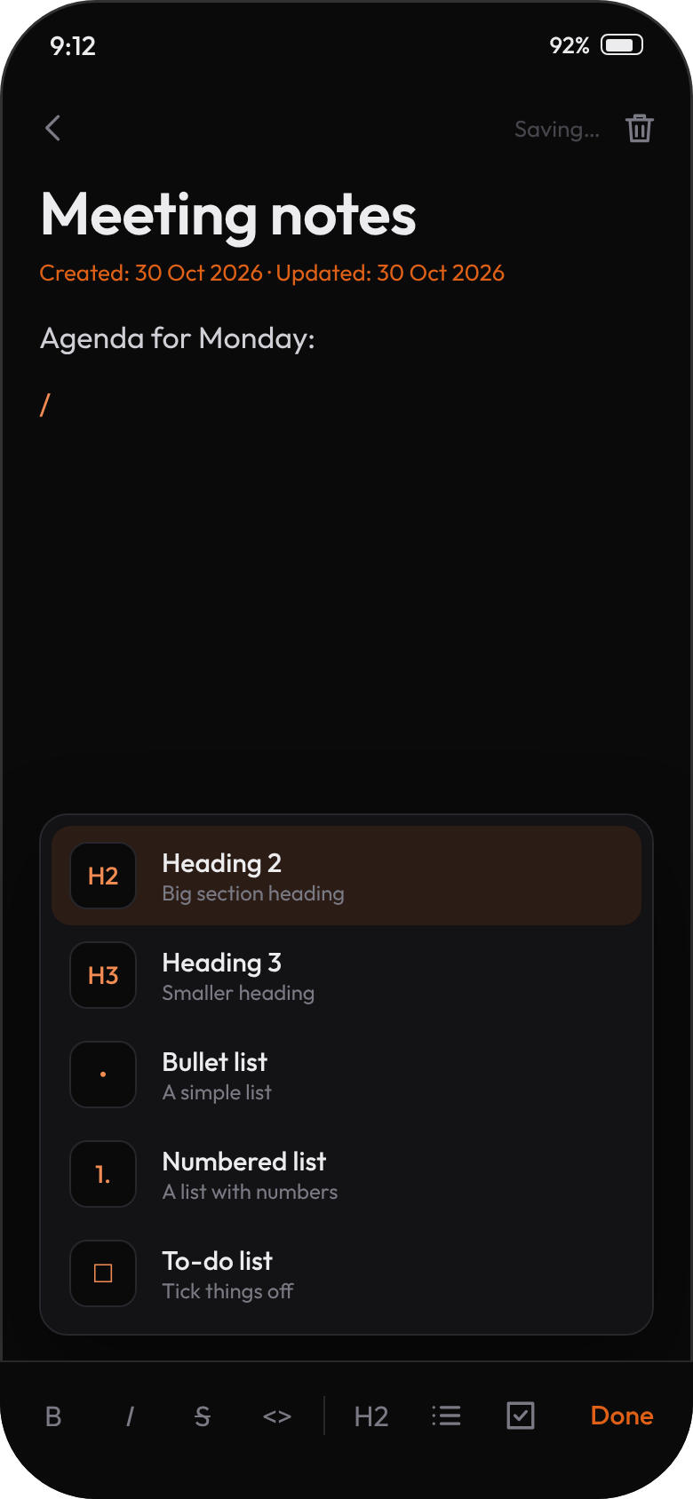 Slash menu