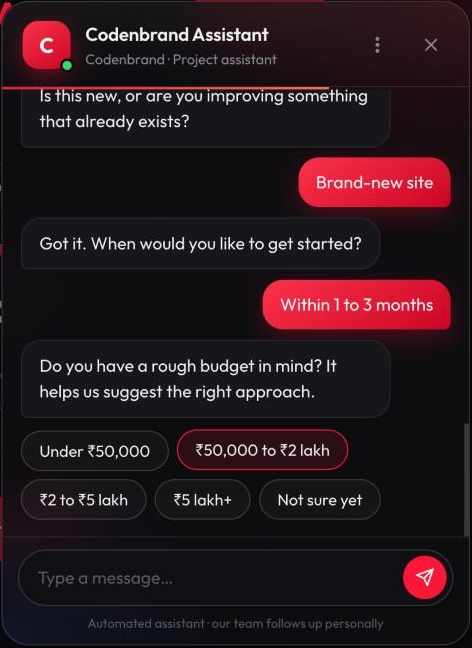 Chatbot asking the visitor for timeline and budget