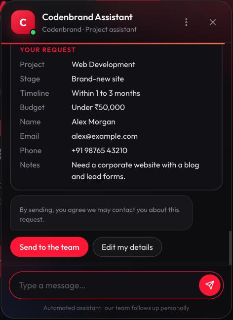 Chatbot summary of the visitor's request before sending to the team