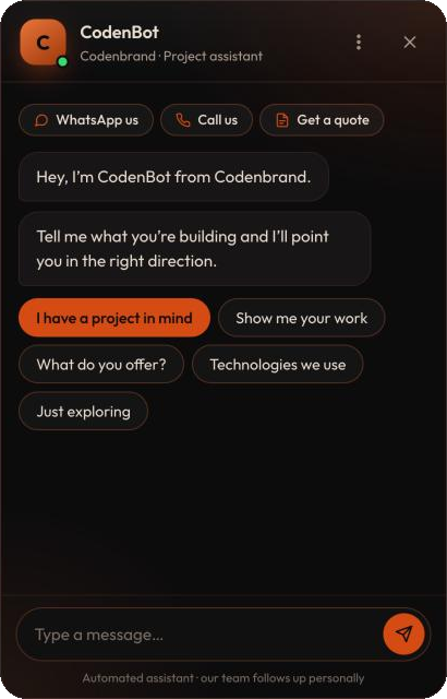 CodenBot, the Codenbrand chatbot, greeting a website visitor with quick options