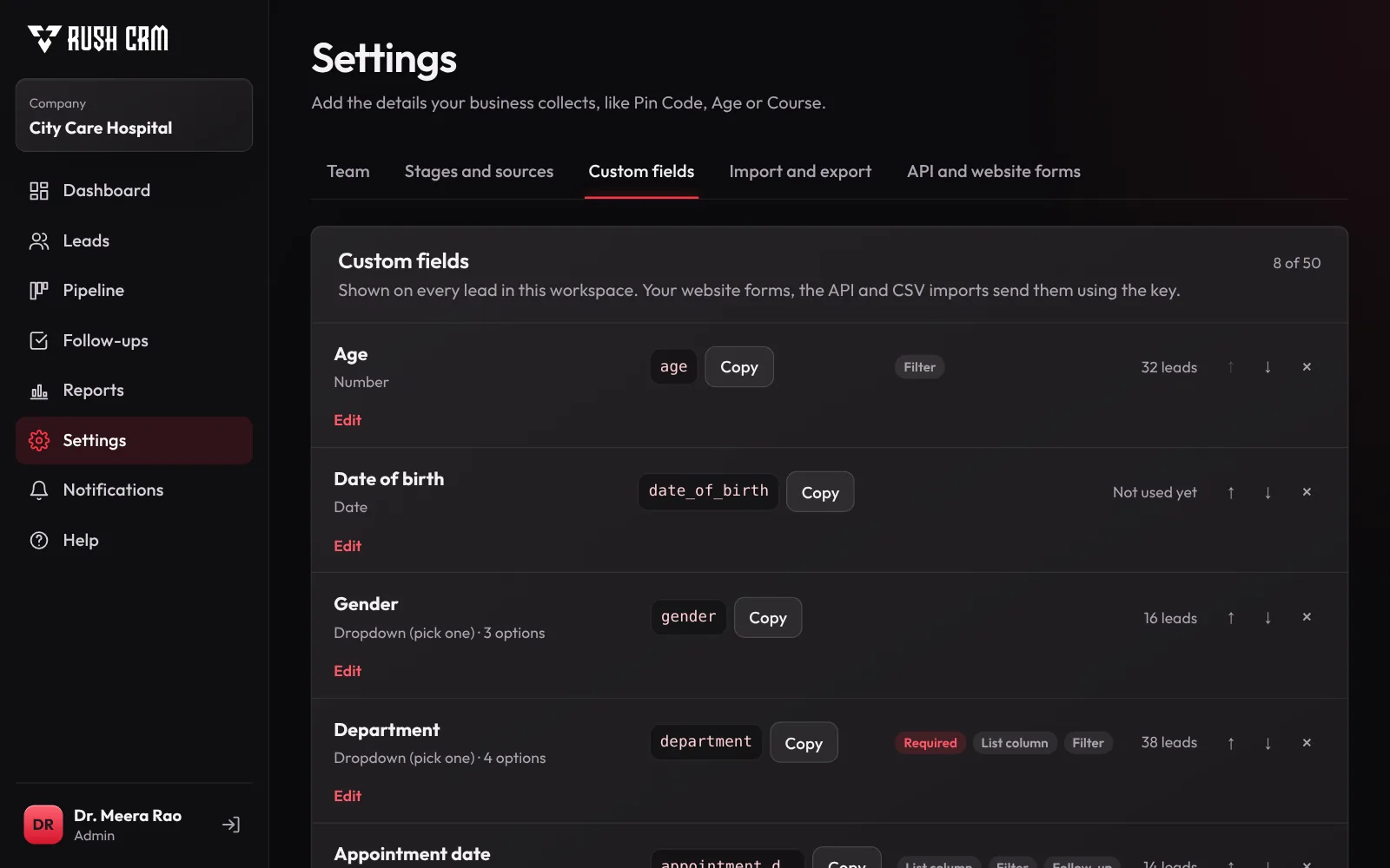 Settings page for adding custom fields