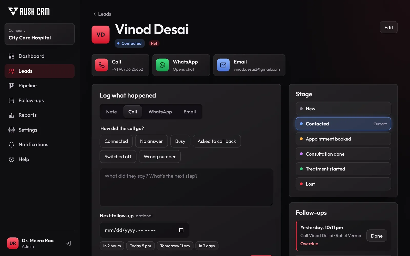 Lead page with the complete timeline of calls, notes and stage changes