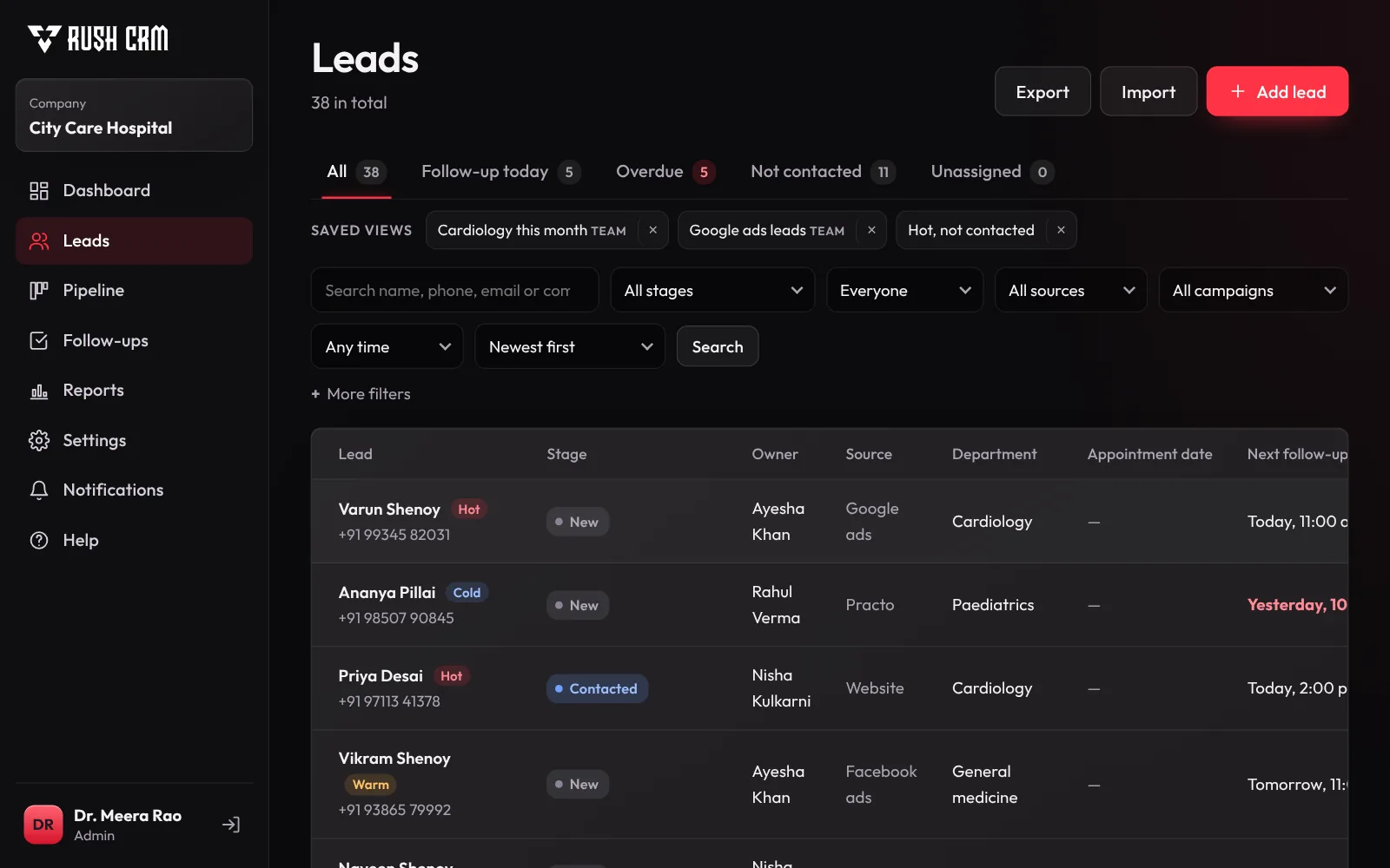 All leads list with filters and saved views