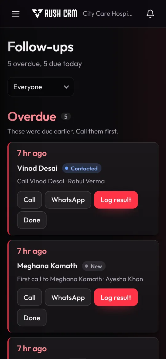 CRM follow-ups list on a mobile phone