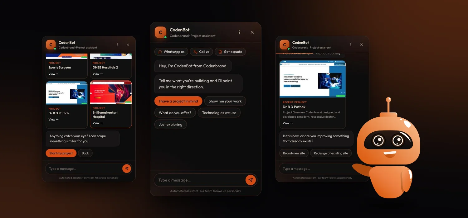 Codenbrand chatbot screens showing a greeting, a project showcase and a lead summary