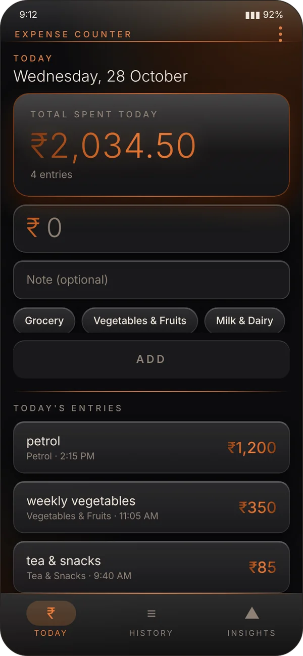 Expense Counter Android app showing today's spending and entries