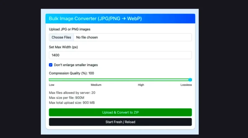 Project Created for Bulk Image Conversion in PHP: Resize, Compress & Convert JPG/PNG to WebP Efficiently using PHP as technology base